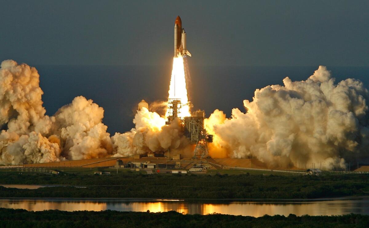 The space shuttle Atlantis lifts off from launchpad 39A at the Kennedy Space Center in Florida on its way to the International Space Station.