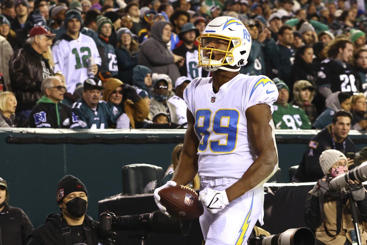 Chargers tight end Donald Parham celebrates after scoring a touchdown.