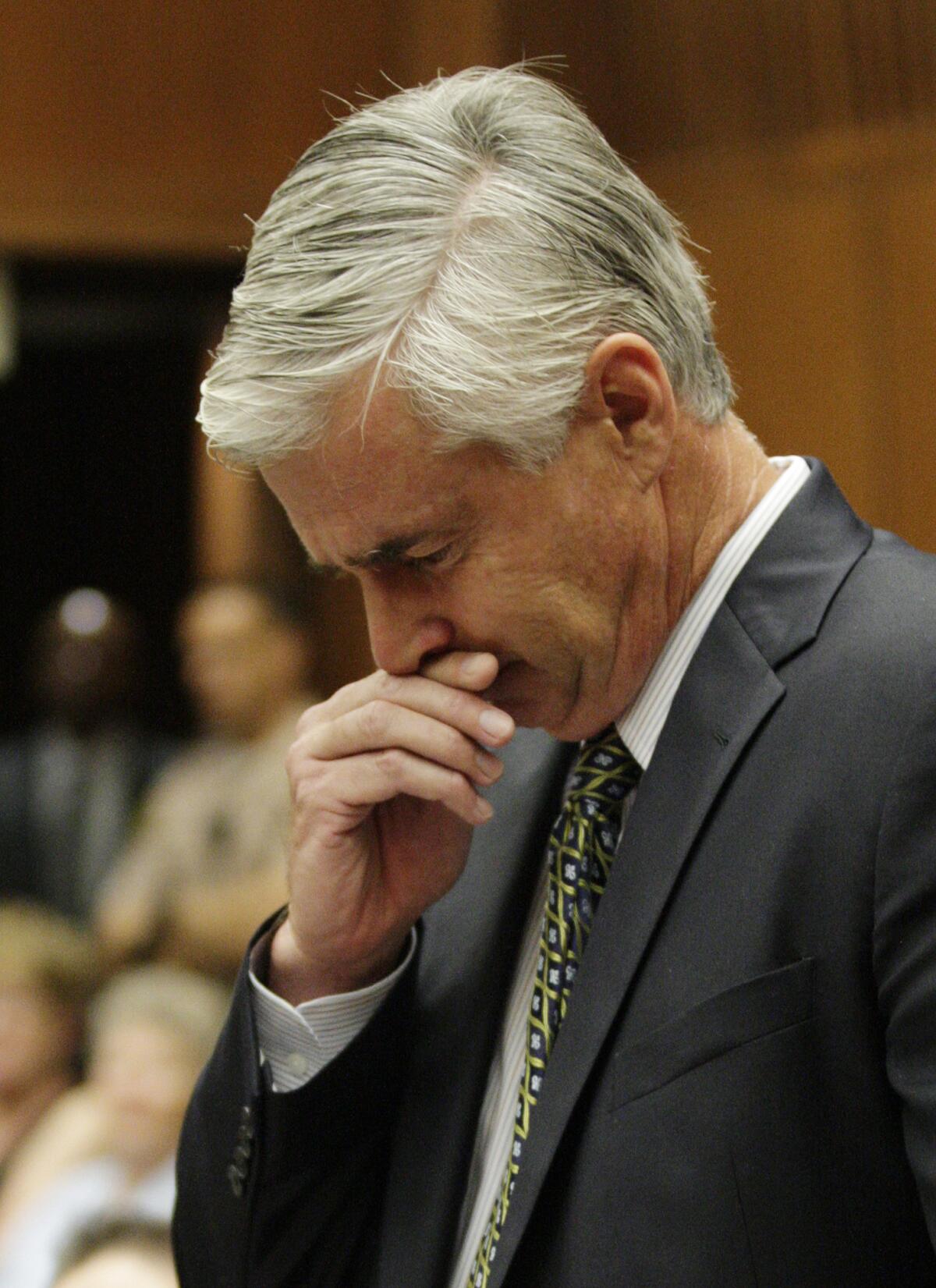 John Ruetten, the husband of murder victim Sherri Rasmussen and one-time love interest of Stephanie Lazarus, gives his victim impact statement during the sentencing of the former LAPD detective in Los Angeles Superior Court on May 11, 2012.
