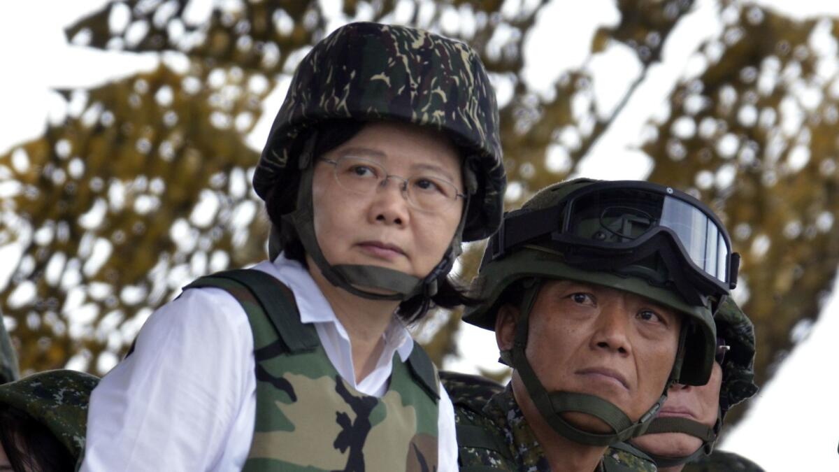 Taiwanese President Tsai Ing-wen, shown watching a live-fire military drill in May 2017, recently called on other nations to ensure that the island remains autonomous.