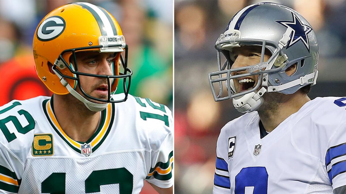 Green Bay Packers quarterback Aaron Rodgers, left, and Dallas Cowboys quarterback Tony Romo each have had standout seasons.