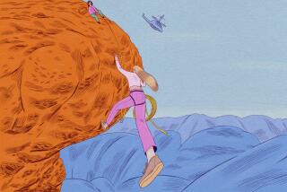 Illustration of a young woman climbing a rock face, another woman helping, a helicopter in distance