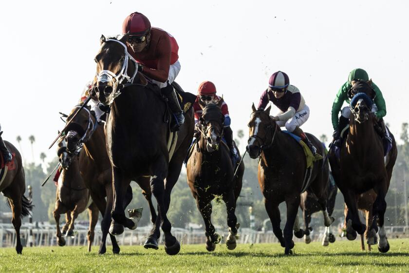 In this image provided by Benoit Photo, River Boyne, with Abel Cedillo aboard, wins the Grade III, $100,000 Thunder Road Stakes horse race Saturday, Feb. 8, 2020, at Santa Anita Park in Arcadia Calif. (Benoit Photo via AP)