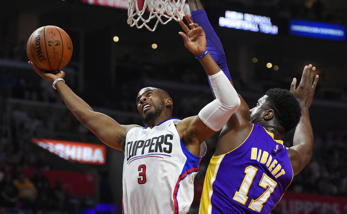 Clippers guard Chris Paul, left, shoots as Lakers center Roy Hibbert defends during the first half on Tuesday.