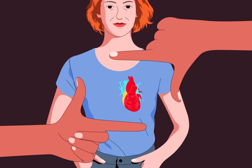 An illustration shows a person's hands framing the location of a woman's heart in her body.