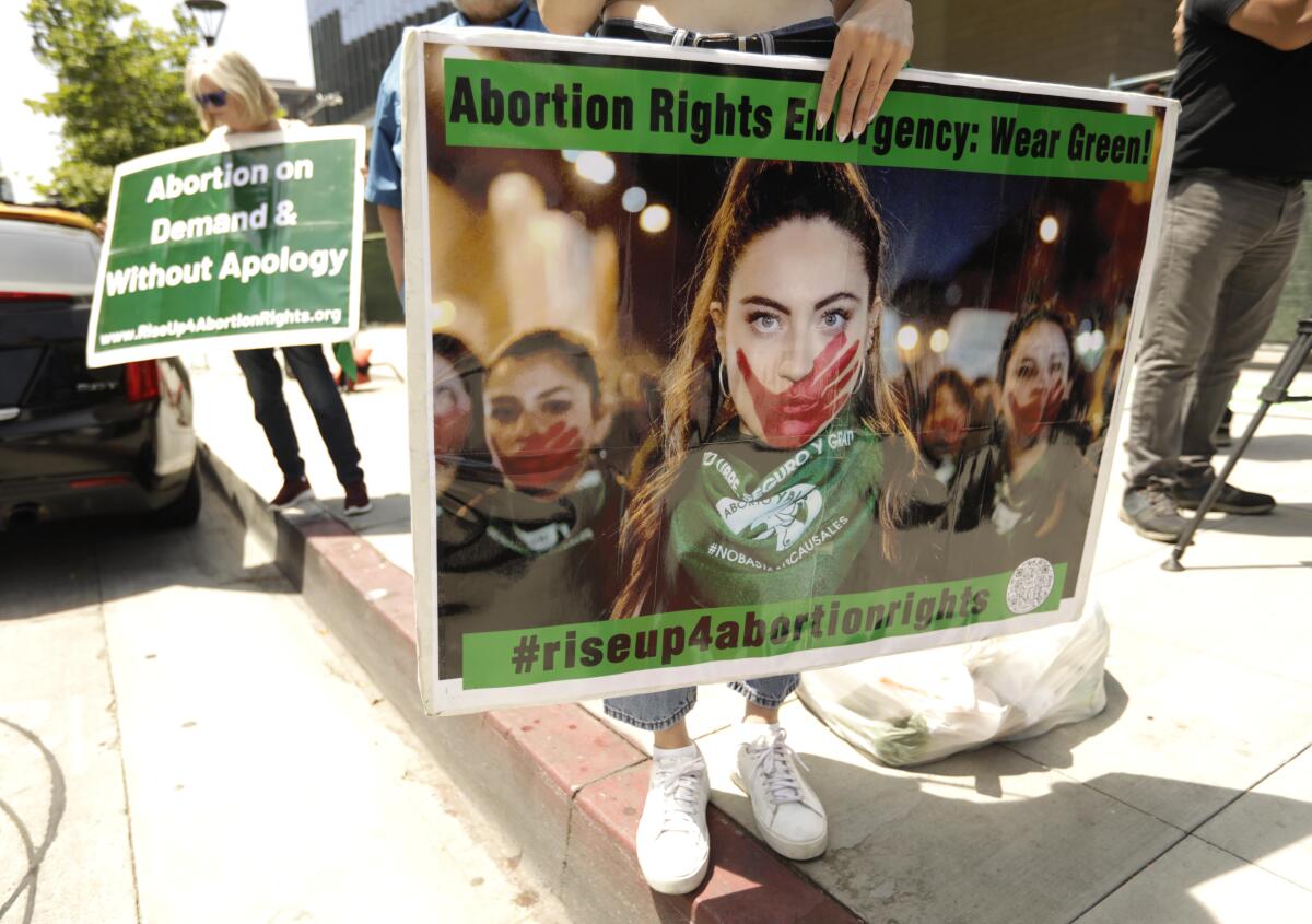 A small group of abortion rights protesters in downtown Los Angeles on May 5