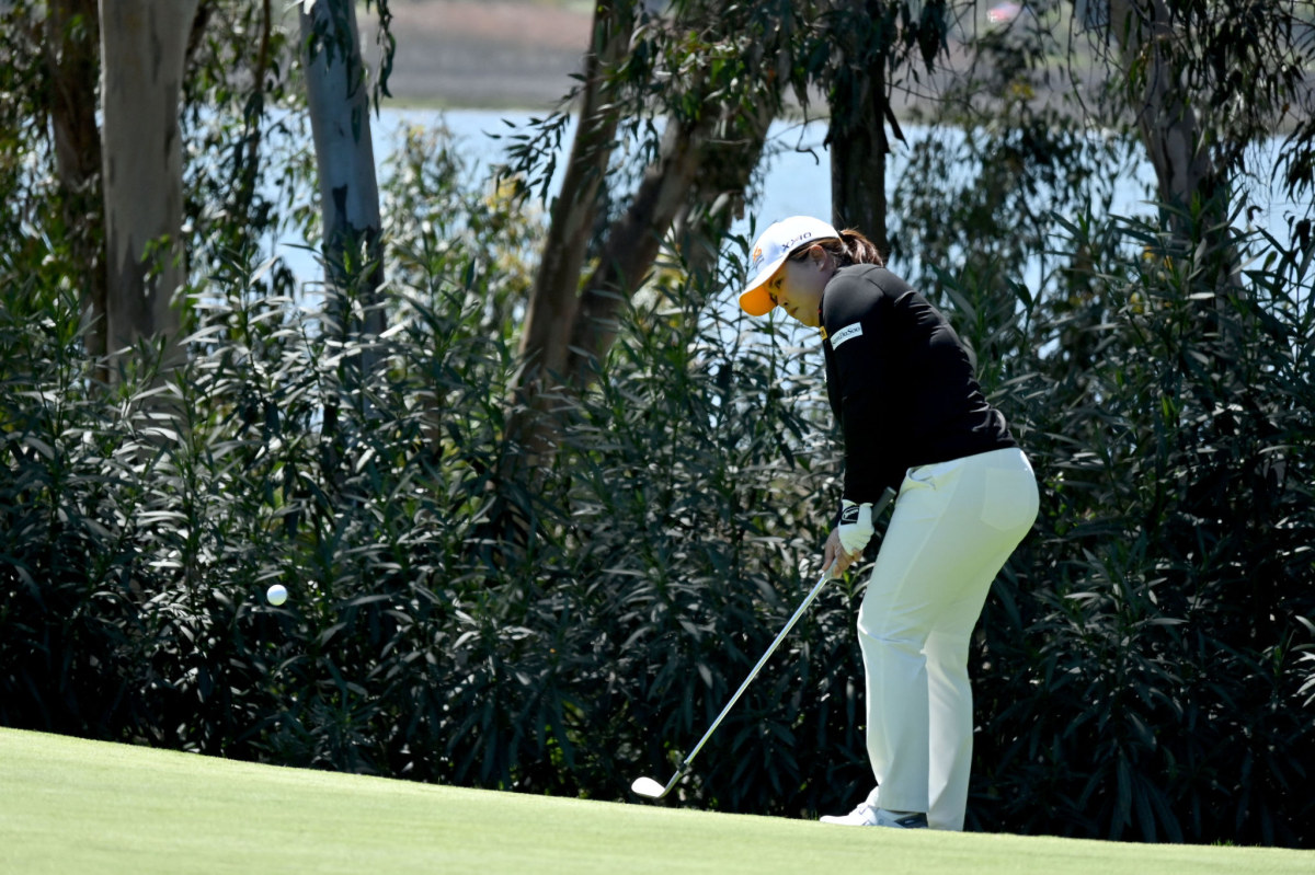 Inbee Park hits a chip shot on the first hole in the third round of the Kia Classic on March 27, 2021, in Carlsbad, Calif.