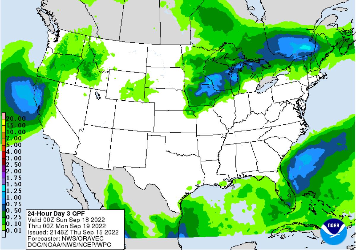 A map of the U.S. shows rain forecast to hit Northern and Central California