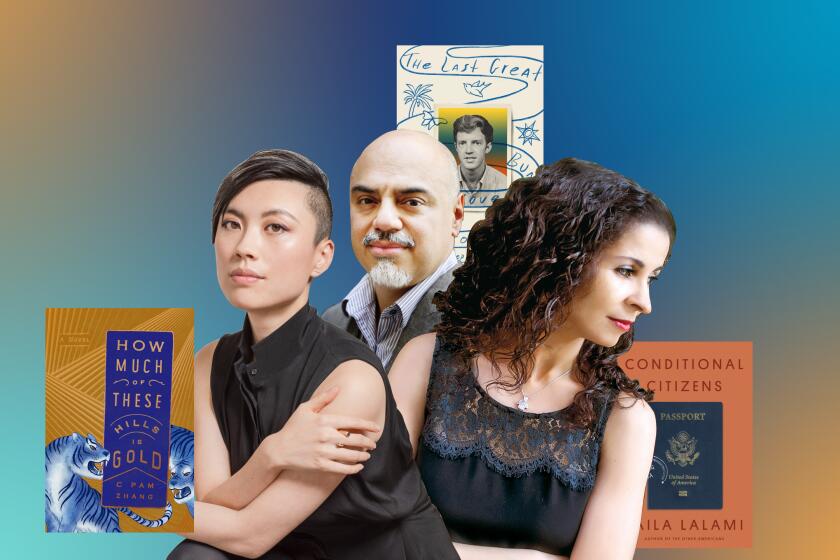 (L-R) - Authors C Pam Zhang, Hector Tobar, and Laila Lalami in an illustration with their book covers. Credit: illustration by Micah Fluellen/ Los Angeles Times; Riverhead Books;Gioia Zloczower; Patrice NORMAND/Opale;Farrar, Straus and Giroux Books; Alexander Year / Random House;Pantheon