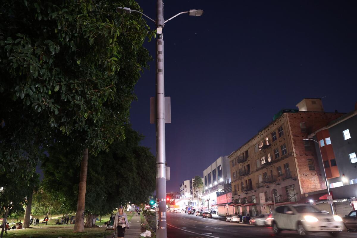 A broken street light near MacArthur Park on Sept. 10 is one of several in the struggling Los Angeles neighborhood. 