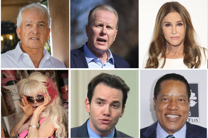 Candidates running to replace Gov. Gavin Newsom in the recall election include, clockwise from top left: businessman John Cox, former San Diego Mayor Kevin Faulconer, Caitlyn Jenner, billboard model Angelyne, Assemblyman Kevin Kiley, and Larry Elder, nationally syndicated conservative radio host.