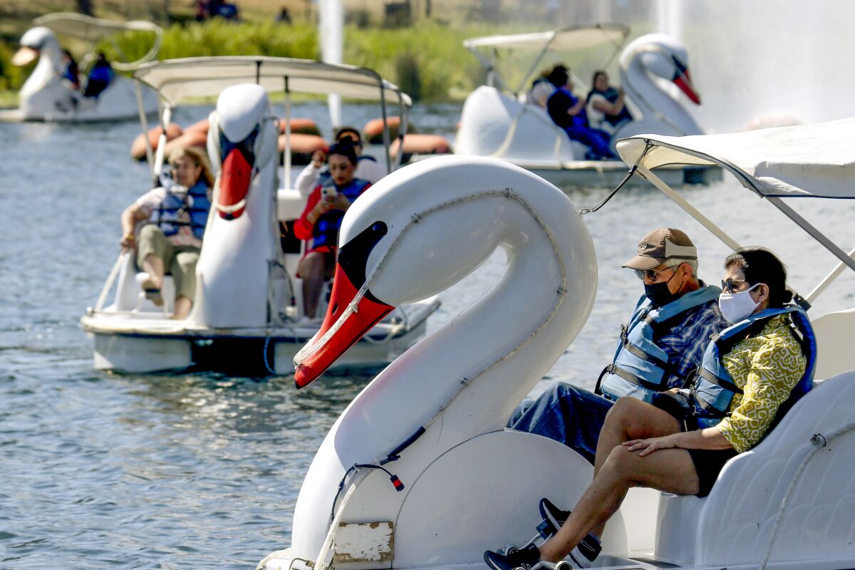 LOS ANGELES, CA - MAY 26:. Visitors take rides in swan boats as Echo Park reopens to the public on Wednesday, May 26, 2021. The park was closed earlier this year after the eviction of about 200 homeless people who had taken up residence there. After its closure the park was cleaned and renovated. The evictions and closure remain a sore point for some local residents and homeless advocates. (Luis Sinco / Los Angeles Times)