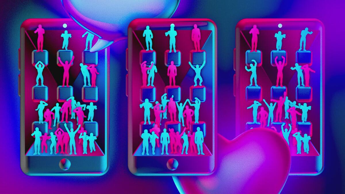 An illustration in tones of blue and pink shows the silhouette of figures dancing against the outlines of cell phones.