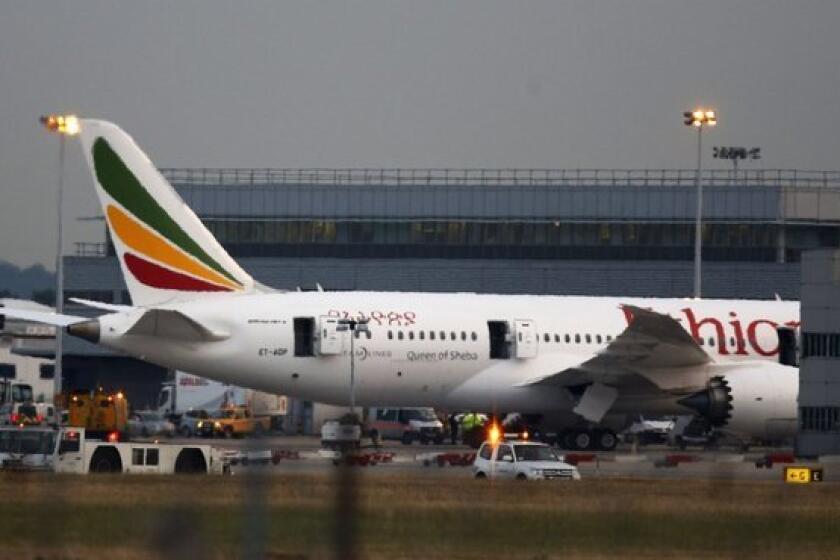 A Boeing 787 Dreamliner owned by Ethiopian Airlines caught fire at Heathrow Airport in London. Investigators said an emergency device probably was responsible.