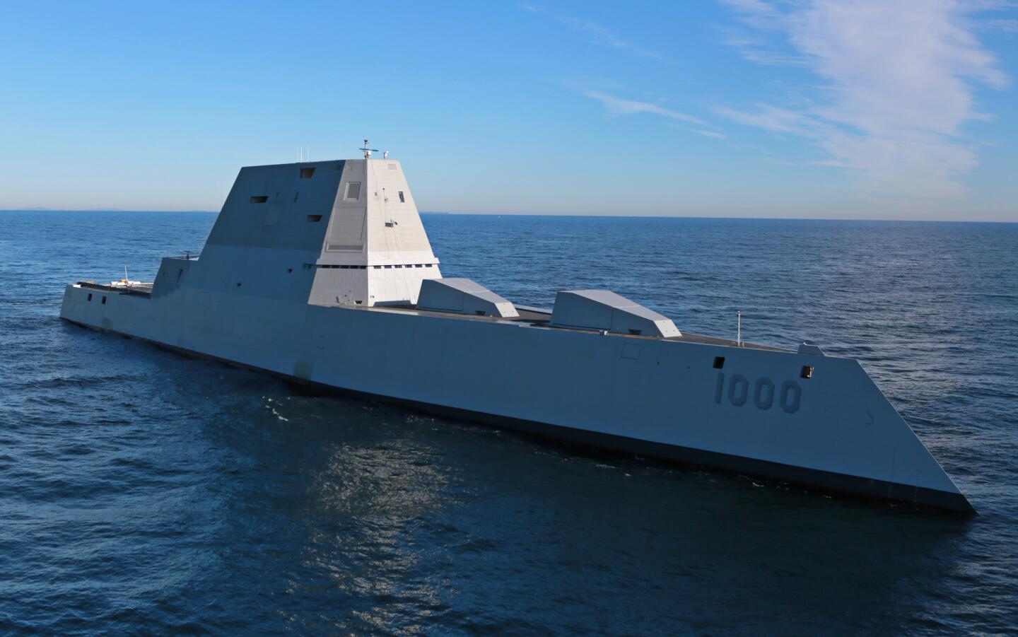 The future USS Zumwalt is underway for the first time conducting at-sea tests and trials in the Atlantic Ocean on Monday.