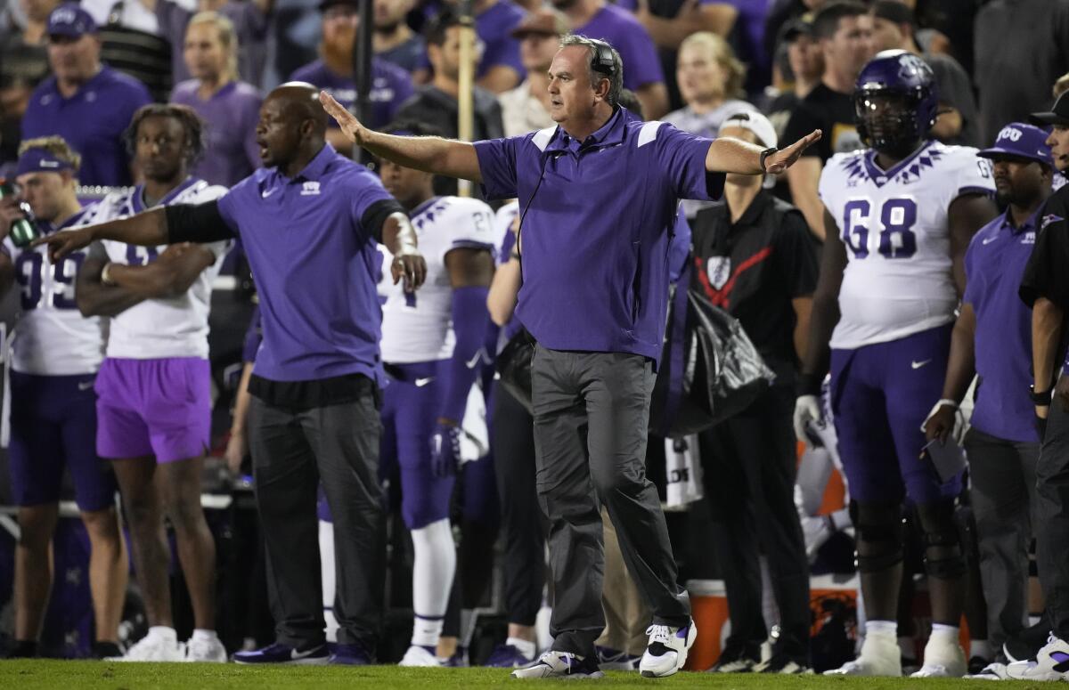 TCU head coach Sonny Dykes directs his team against Colorado in the second half of an NCAA college football game Friday, Sept. 2, 2022, in Boulder, Colo. (AP Photo/David Zalubowski)