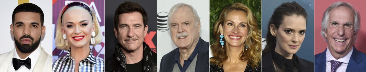 This combination photo of celebrities with birthdays from Oct. 24-30 shows Drake, from left, Katy Perry, Dylan McDermott, John Cleese, Julia Roberts, Winona Ryder and Henry Winkler. (AP Photo)