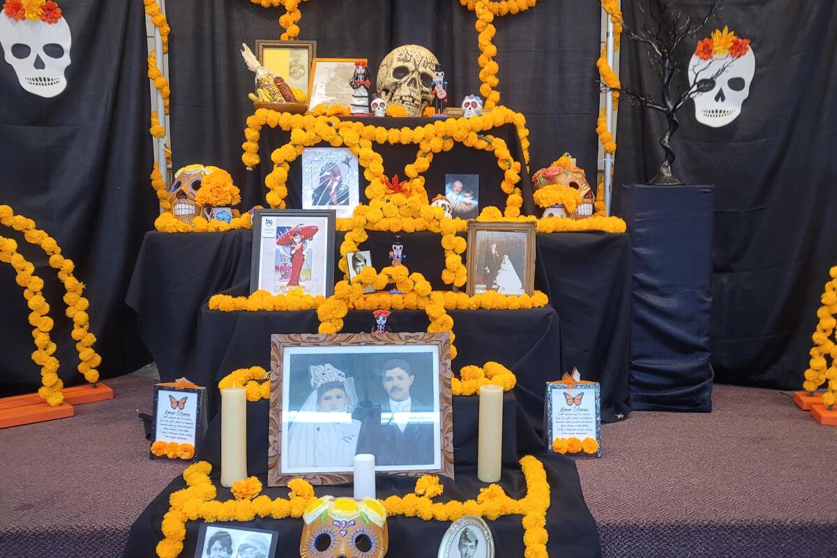 An ofrenda with photos and marigolds. 