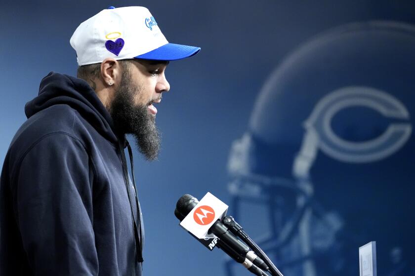 Chicago Bears wide receiver Keenan Allen speaks at a news conference at Halas Hall in Lake Forest, Ill., Saturday, March 16, 2024. A day after the Chargers released wide receiver Mike Williams, the team decided to ship star wideout Keenan Allen to the Chicago Bears in exchange for a fourth-round pick. (AP Photo/Nam Y. Huh)
