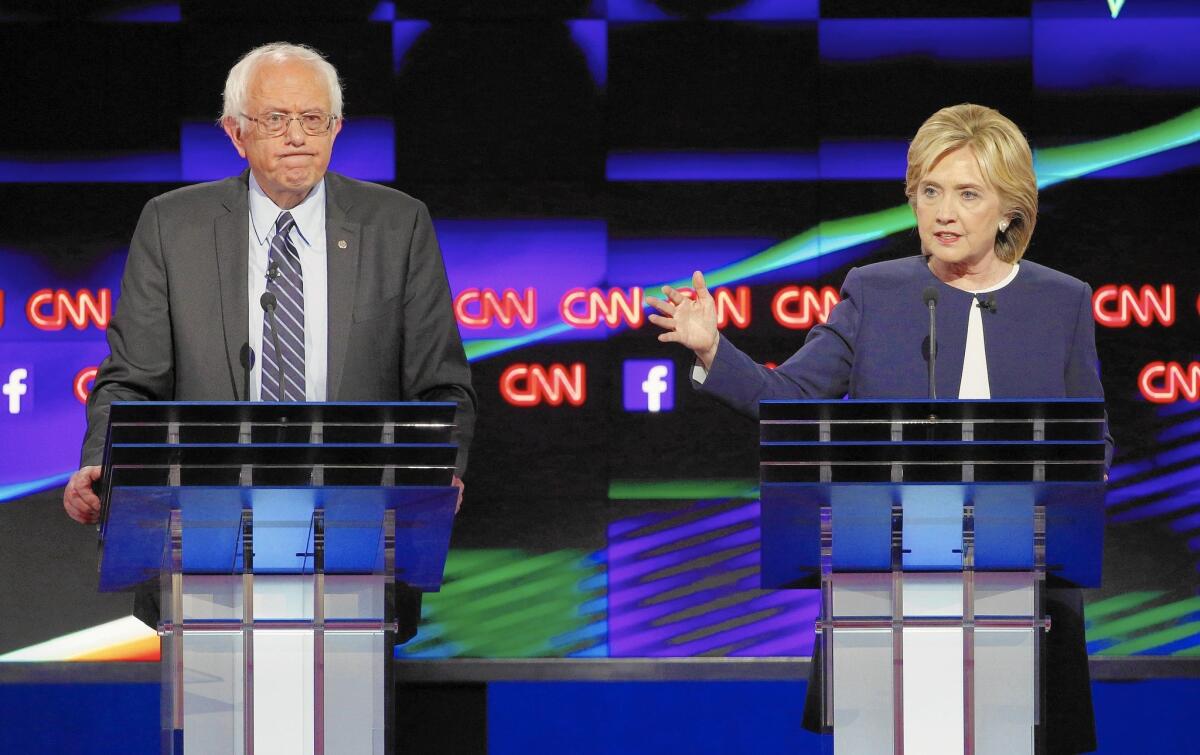 Bernie Sanders and Hillary Rodham Clinton at the first Democratic presidential debate, in Las Vegas.