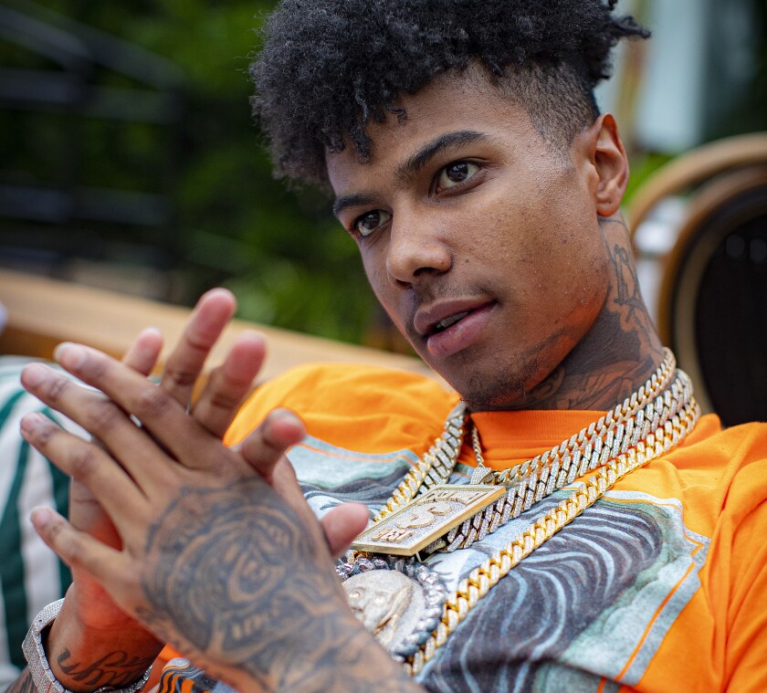 Los Angeles rapper Blueface chills at the Roosevelt Hotel in Los Angeles in this June 21 photo.