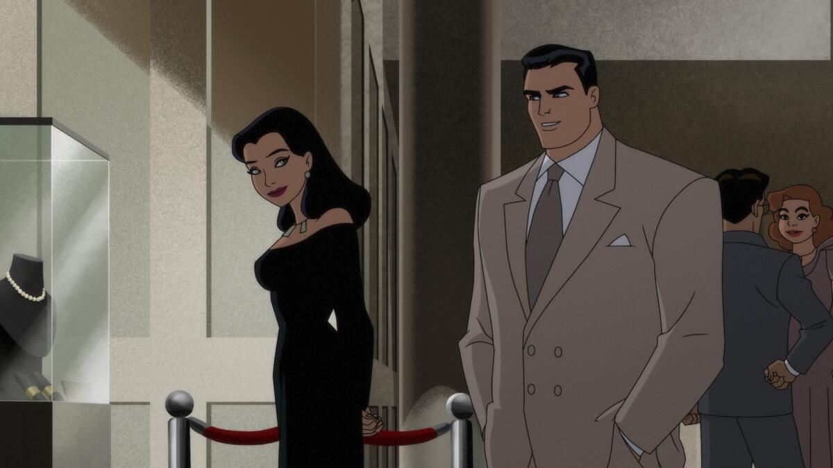 An animated still of Selina Kyle in a black dress and Bruce Wayne in a tan suit. 