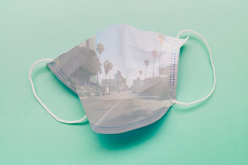 Illustration of a facemask, with a Los Angeles city street projected onto it.