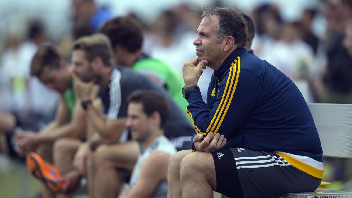 Bruce Arena watches a Galaxy training session at the StubHub Center on July 9, 2015.