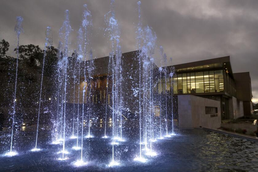 The show fountain being tested at the Legacy International Center in Mission Valley on Wednesday, December 4, 2019 in San Diego, California.