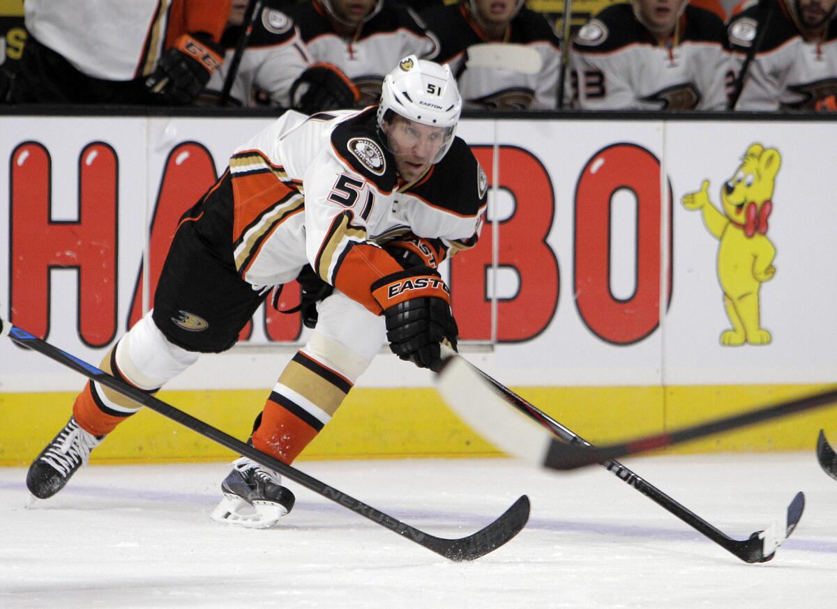 Ducks left wing Dany Heatley controls the puck against the Kings on Sept. 24.