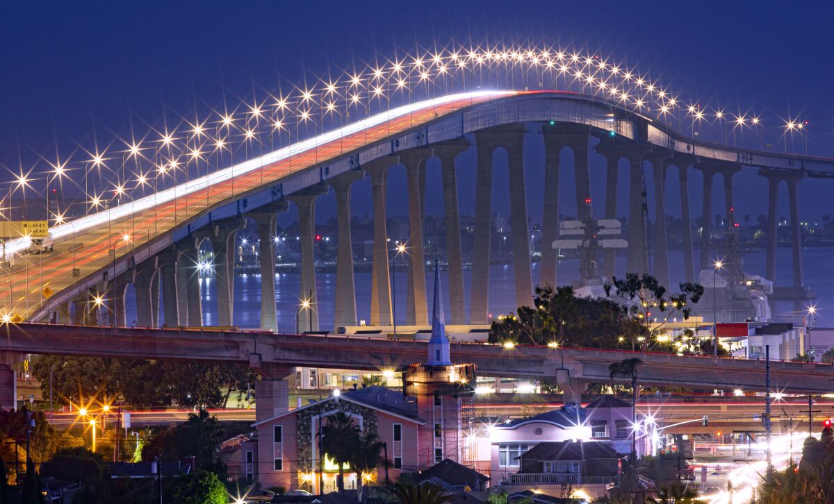 With Barrio Logan in the foreground, traffic flows over the San Diego-Coronado Bridge in 2019, as seen from Grant Hill Park.