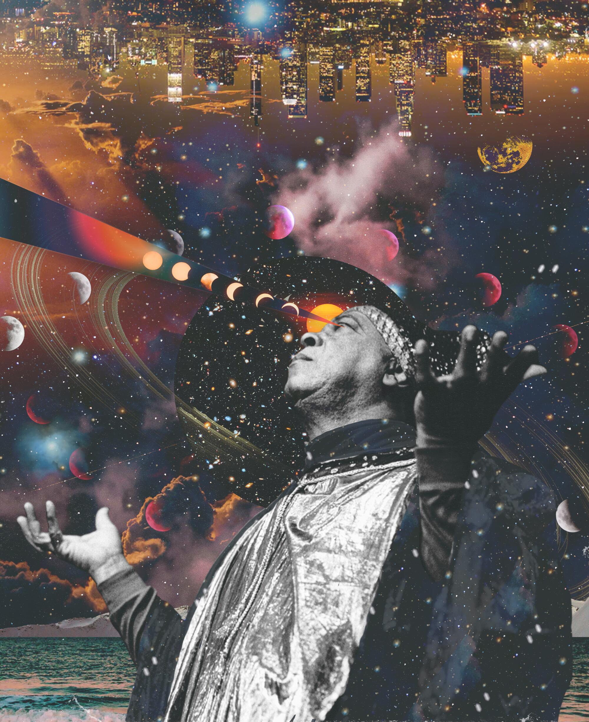 Collage of Sun Ra with his hands up surrounded by planets, galaxies, and Saturn's rings while moon shapes beam from his eye