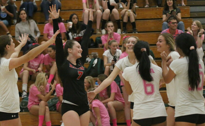 CCA libero Vivienne Franke (#7) celebrates with teammates.
