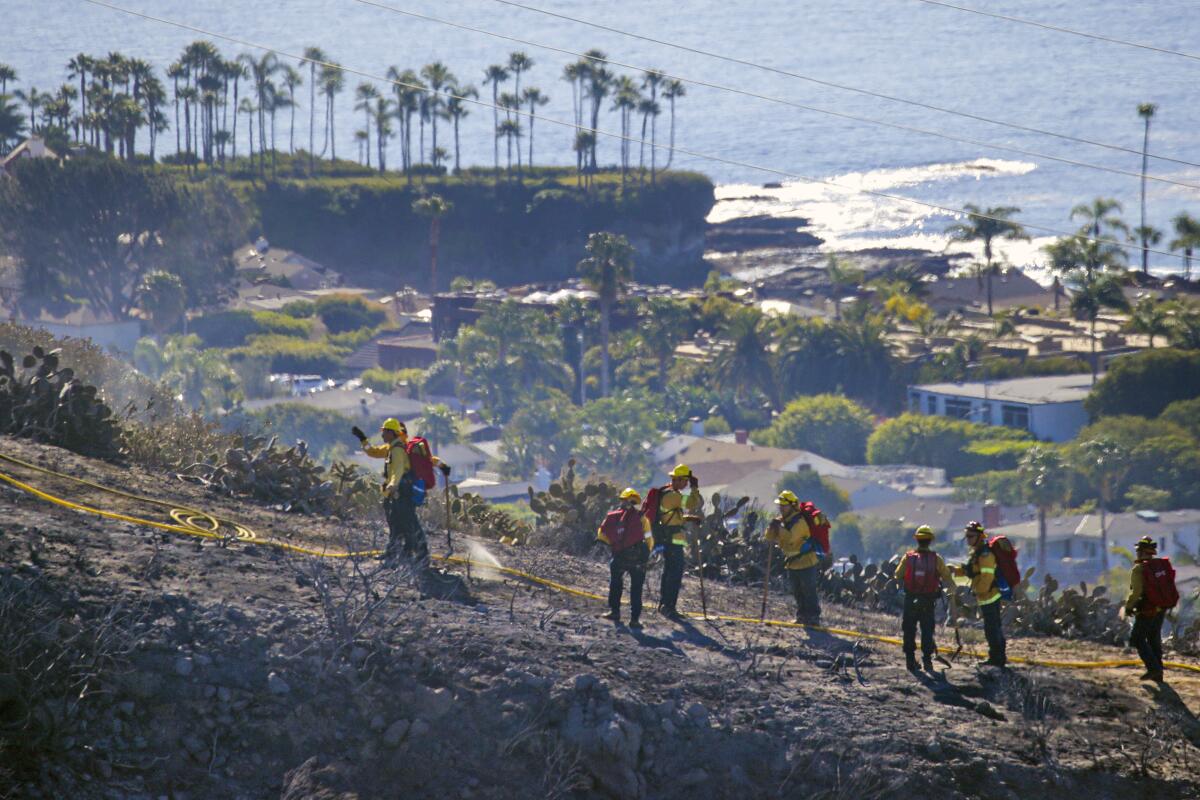 Firefighters work along a hillside facing the ocean