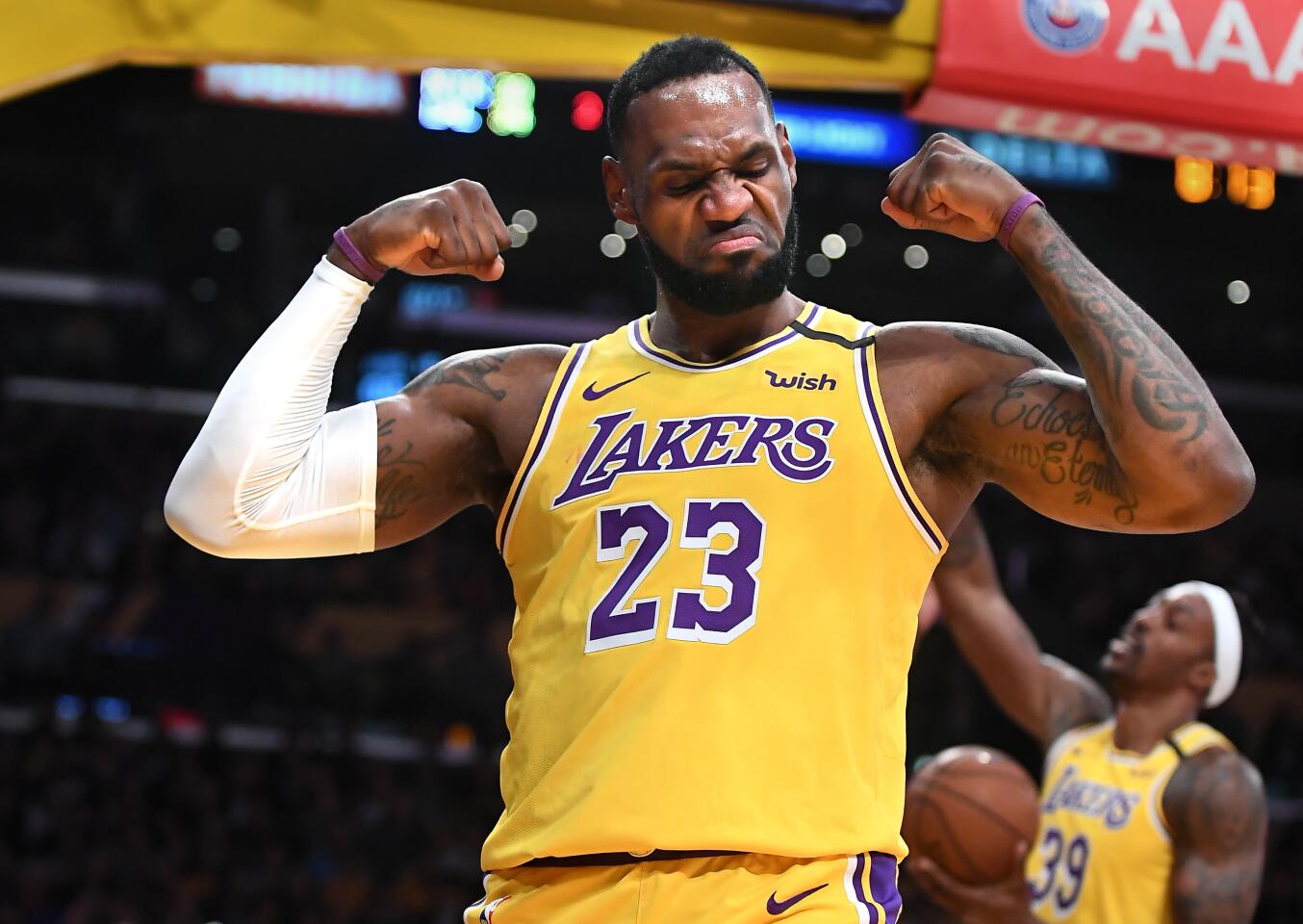 LeBron James celebrates after getting a basket and a foul during a game against the Knicks on Jan. 7 at Staples Center.