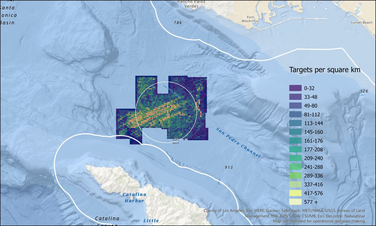 A heat map showing the concentrations of targets detected on the seafloor.