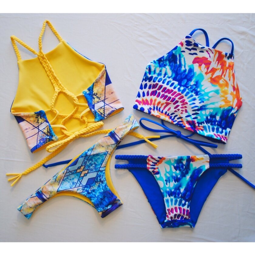 Suits from the J.KINIS swimwear line, showing strappy details and fun fabrics. Courtesy photo