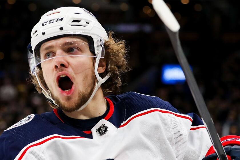 BOSTON, MA - APRIL 27: Artemi Panarin #9 of the Columbus Blue Jackets reacts after scoring in the second period in Game Two of the Eastern Conference Second Round against the Boston Bruins during the 2019 NHL Stanley Cup Playoffs at TD Garden on April 27, 2019 in Boston, Massachusetts. (Photo by Adam Glanzman/Getty Images) ** OUTS - ELSENT, FPG, CM - OUTS * NM, PH, VA if sourced by CT, LA or MoD **
