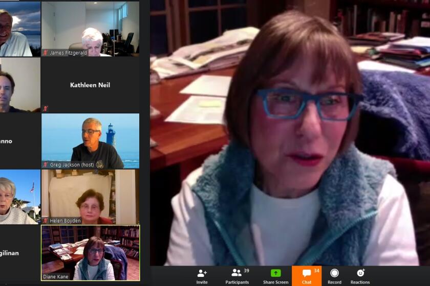 Newly elected La Jolla Community Planning Association president Diane Kane addresses her trustees April 3, 2020 via the Zoom app from her La Jolla home.