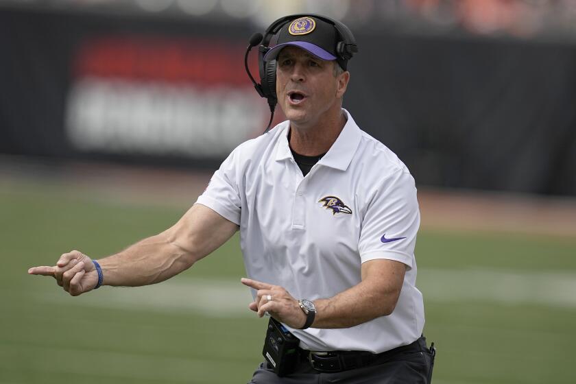 Baltimore Ravens head coach John Harbaugh reacts on the sidelines during the first half of an NFL football game against the Cincinnati Bengals Sunday, Sept. 17, 2023, in Cincinnati. (AP Photo/Darron Cummings)