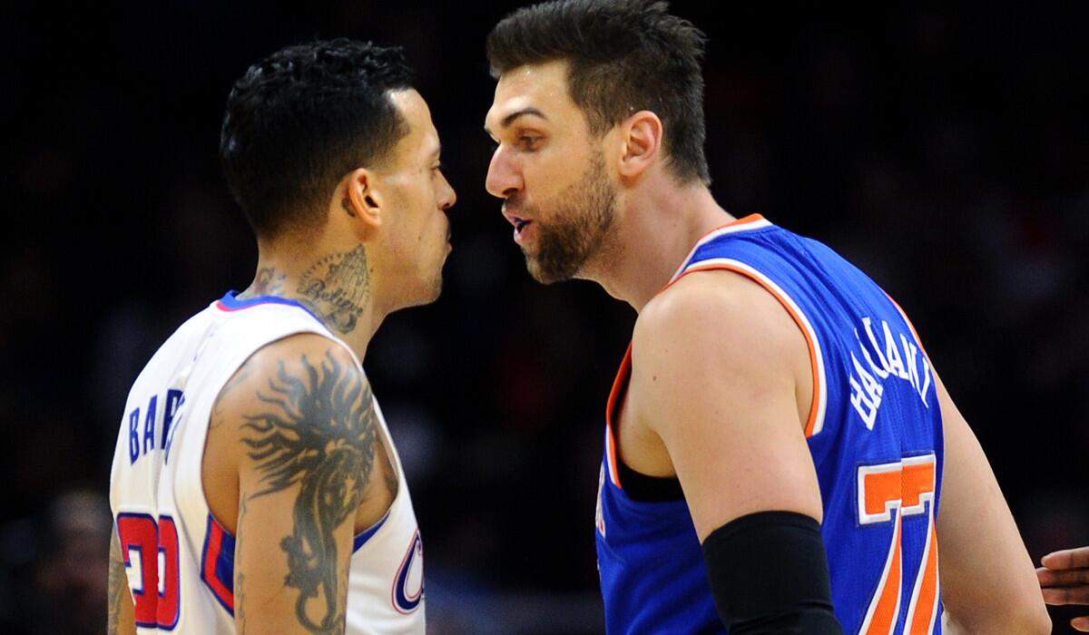 Clippers forward Matt Barnes, left, and Knicks center Andrea Bargnani have a few words for each other after Barnes was called for a technical foul.