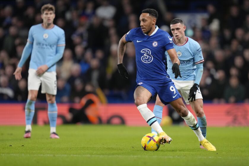 Chelsea's Pierre-Emerick Aubameyang controls the ball during the English Premier League soccer match between Chelsea and Manchester City at Stamford Bridge stadium in London Thursday, Jan. 5, 2023. (AP Photo/Kirsty Wigglesworth)