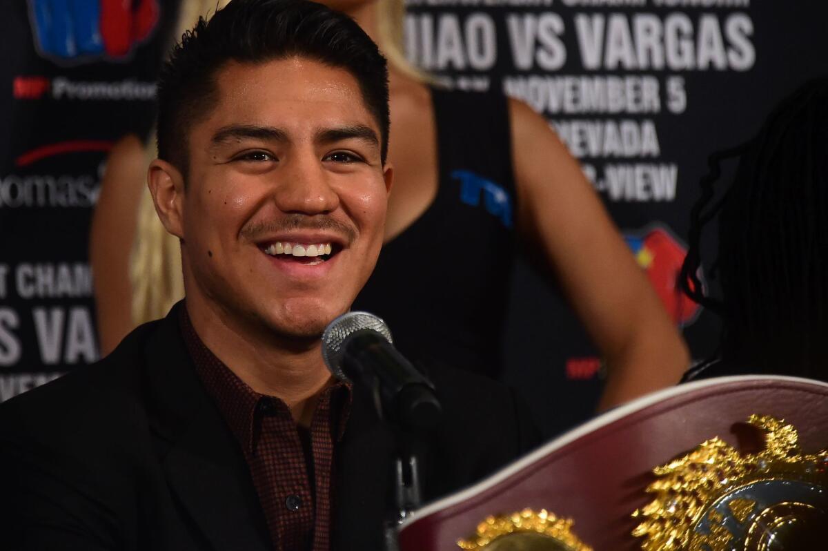 Boxer Jessie Vargas reacts at a press conference in Beverly Hills, California on September 8, 2016, announcing the fight between Manny Pacquiao and Jessie Vargas on November 5th. / AFP PHOTO / Frederic J. BROWNFREDERIC J. BROWN/AFP/Getty Images ** OUTS - ELSENT, FPG, CM - OUTS * NM, PH, VA if sourced by CT, LA or MoD **