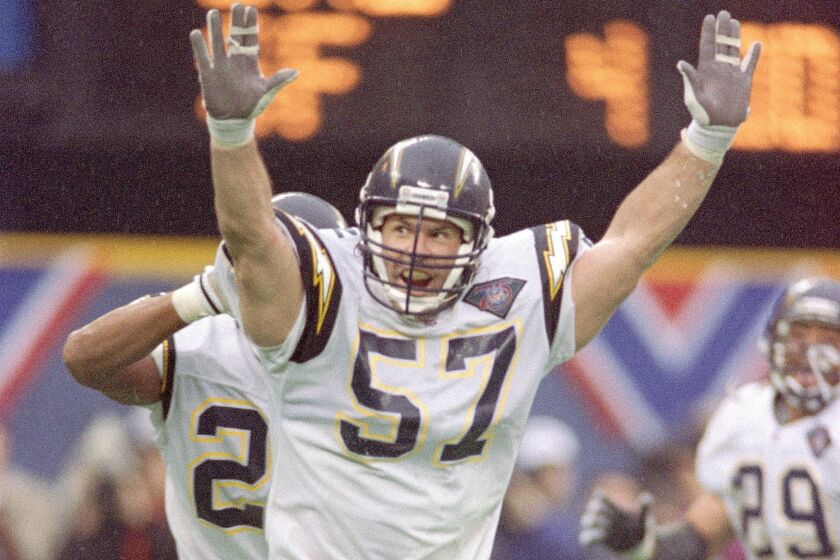 This is what it looked like -- linebacker Dennis Gibson celebrating his own play that secured San Diego's only Super Bowl berth in 1995 -- the last time the Chargers won in Pittsburgh. They return to Pittsburgh with an 0-14 road record in regular-season games against the Steelers.
