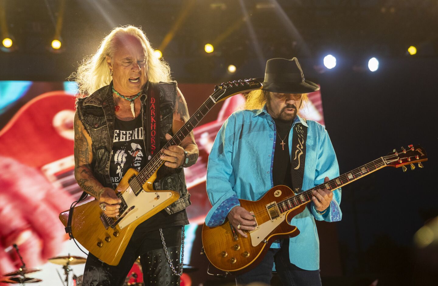 Lynyrd Skynyrd guitarists Rickey Medlocke, left, and Gary Rossington perform on the Palomino Stage at the 2019 Stagecoach Country Music Festival at the Empire Polo Fields in Indio, Calif.