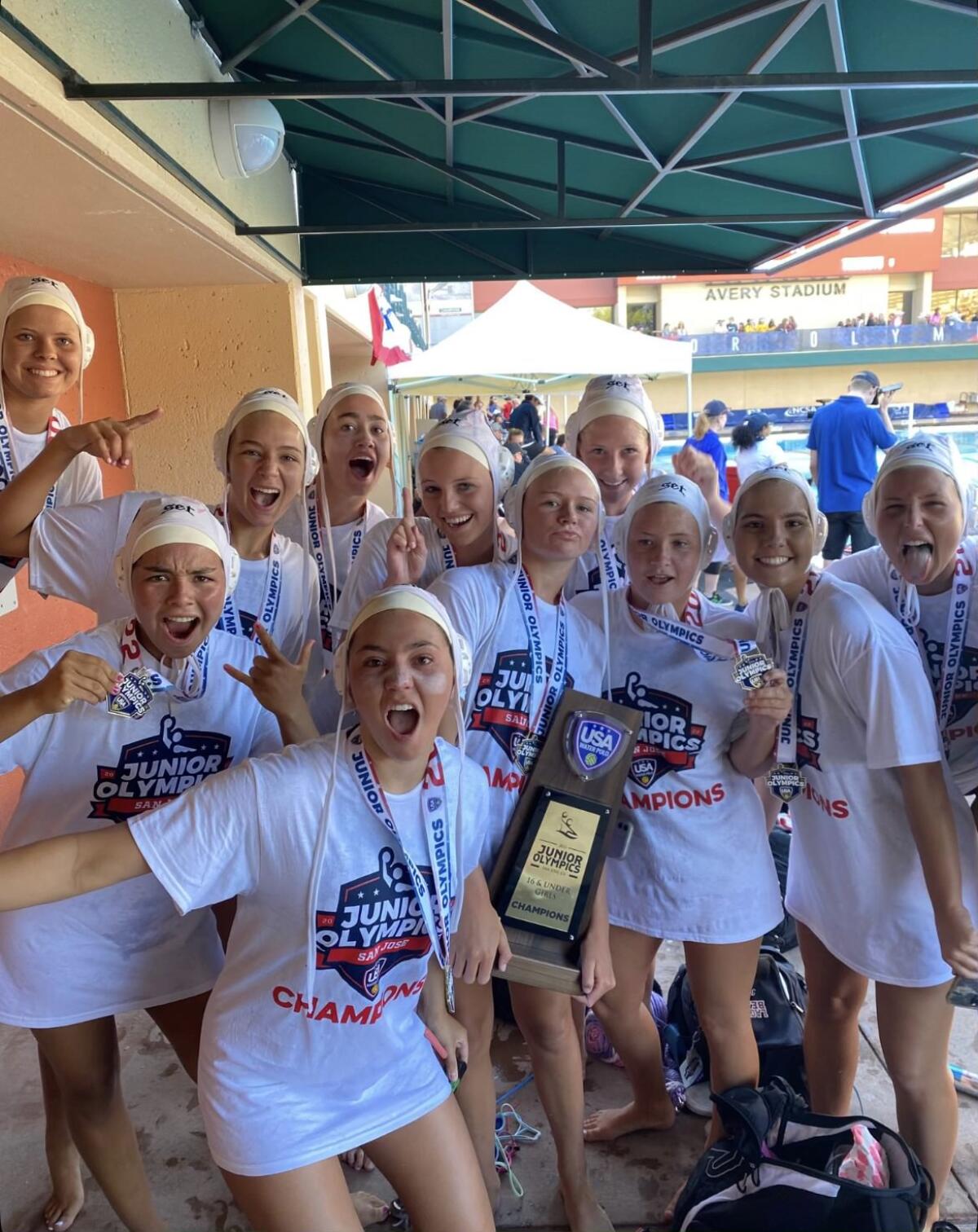 The SET Black 16U girls celebrate after winning the USA Water Polo Junior Olympics title Sunday.