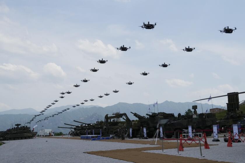The South Korean army's drones fly during South Korea-U.S. joint military drills at Seungjin Fire Training Field in Pocheon, South Korea, Thursday, May 25, 2023. The South Korean and U.S. militaries held massive live-fire drills near the border with North Korea on Thursday, despite the North's warning that it won't tolerate what it calls such a hostile invasion rehearsal on its doorstep. (AP Photo/Ahn Young-joon)