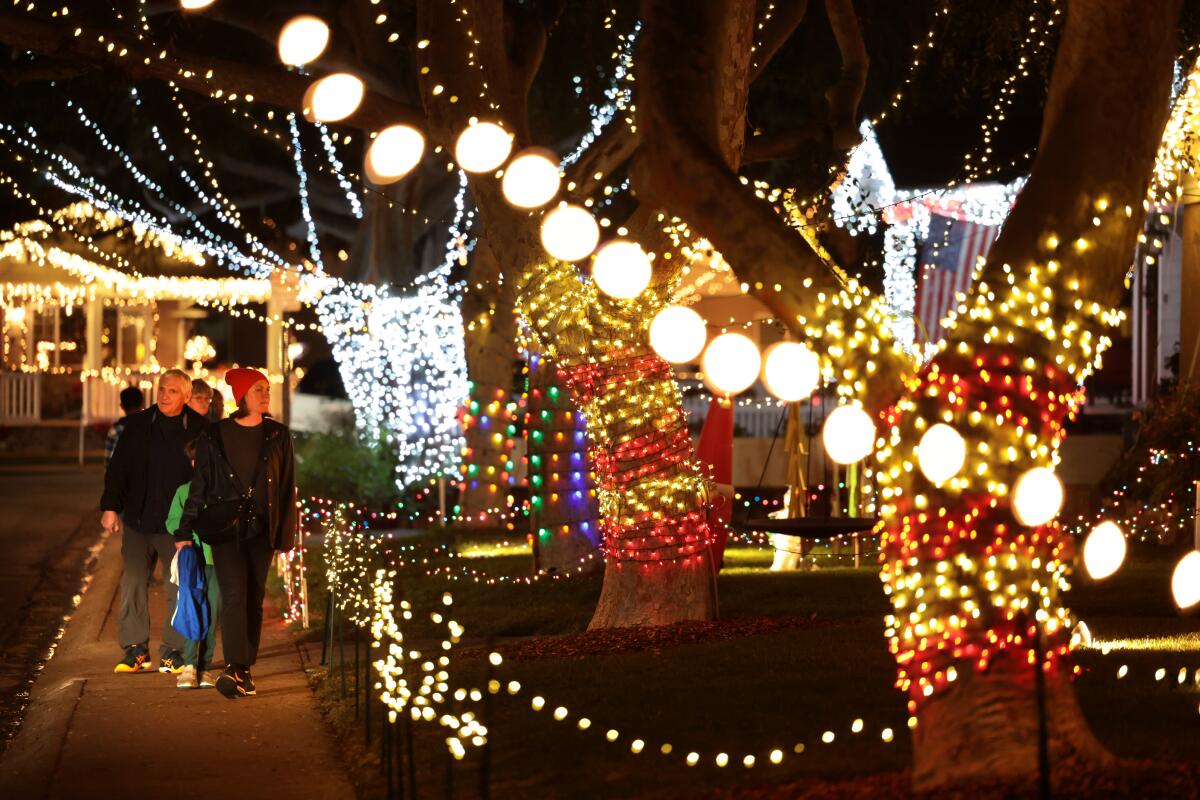 Visitors from across Los Angeles walk along Reese Way to see the neighborhood's holiday lights.