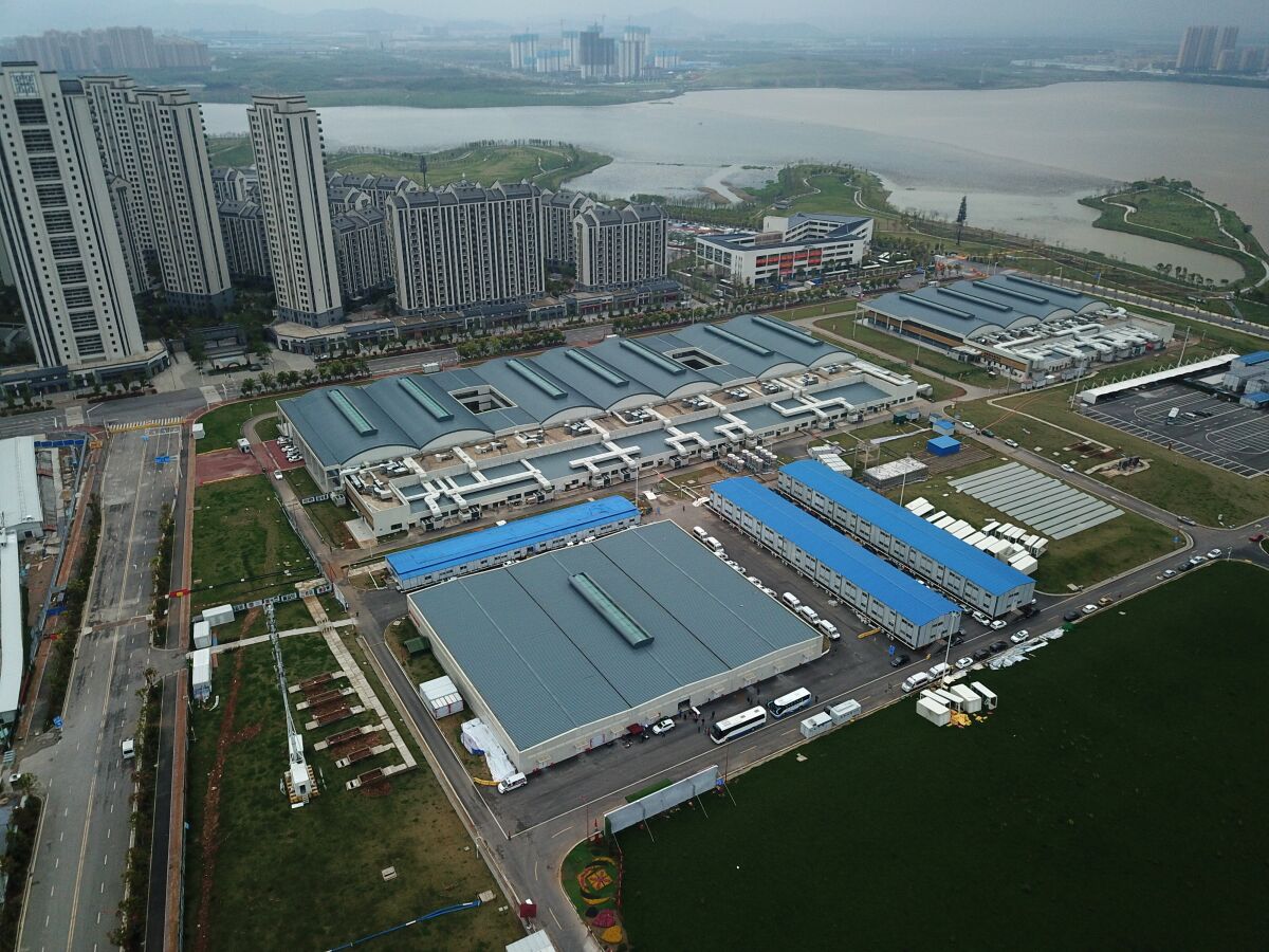 Leishenshan Hospital was constructed on a parking lot from prefabricated modules in two weeks in Wuhan, China. 