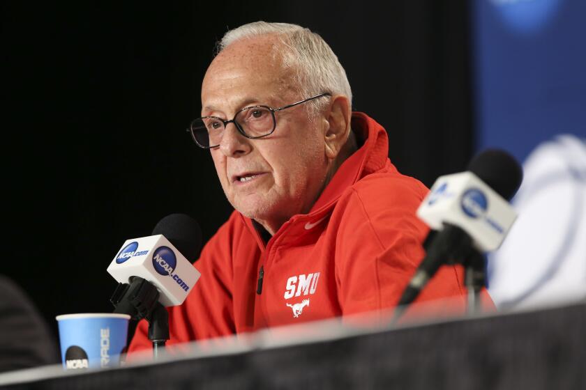 Southern Methodist Coach Larry Brown speaks to the media during a news conference Wednesday before his team's second-round NCAA tournament matchup with the UCLA Bruins on Thursday.
